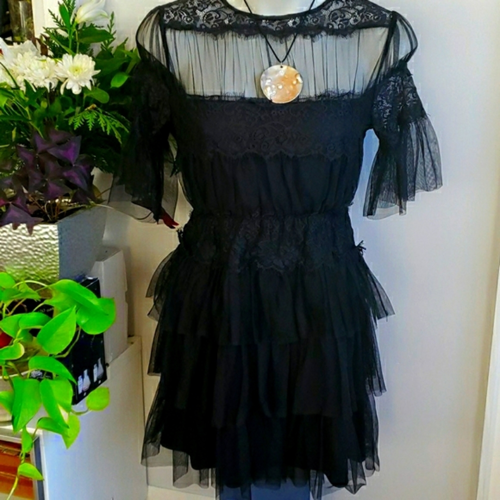 Zara black lace short-sleeved dress, size S - Picture 2 of 12